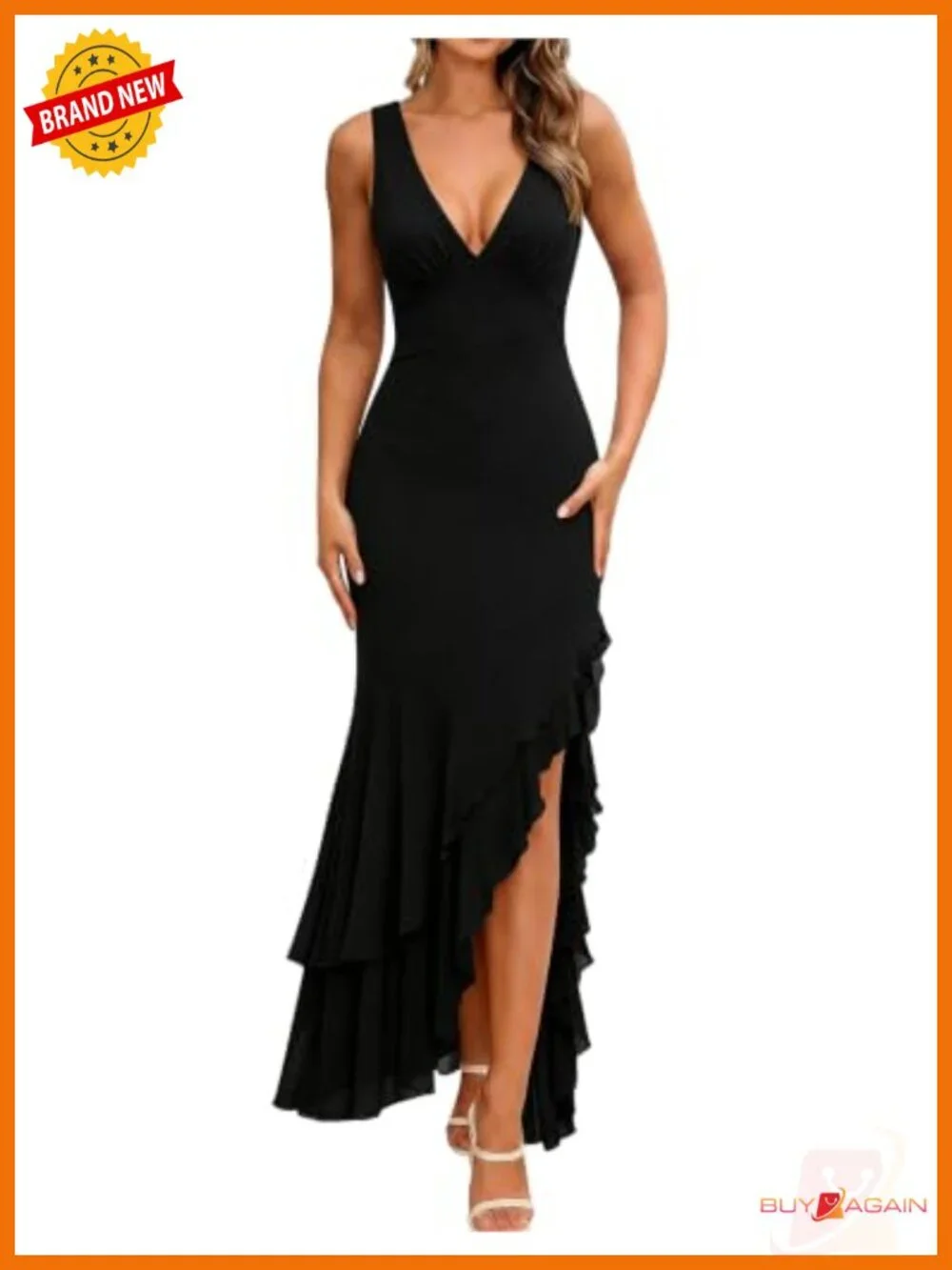 Women's Mermaid Ruffle Cocktail Maxi Dress V-Neck Sleeveless Formal Prom